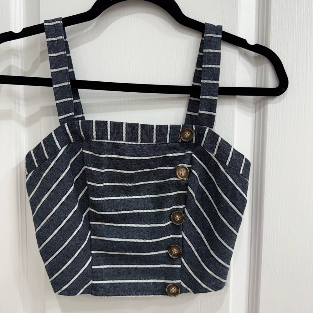 Altar’d State Small Linen Blend Striped Button-Down Crop Tank Top with Buttons - Picture 1 of 5